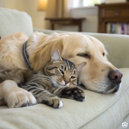 a dog and cat laying on a couch