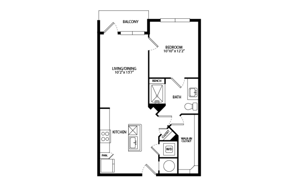 A1 - 1 bedroom floorplan layout with 1 bathroom and 647 square feet