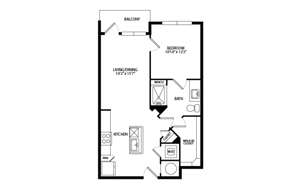 A1B - 1 bedroom floorplan layout with 1 bathroom and 636 square feet