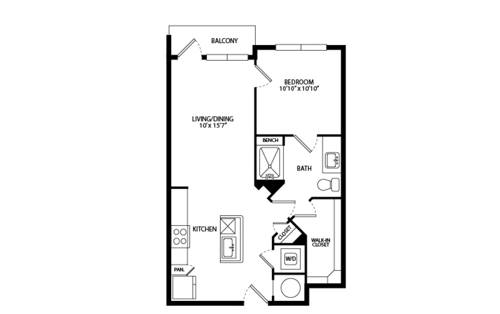 A1C - 1 bedroom floorplan layout with 1 bathroom and 622 square feet