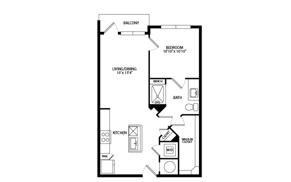 A1D - 1 bedroom floorplan layout with 1 bathroom and 632 square feet