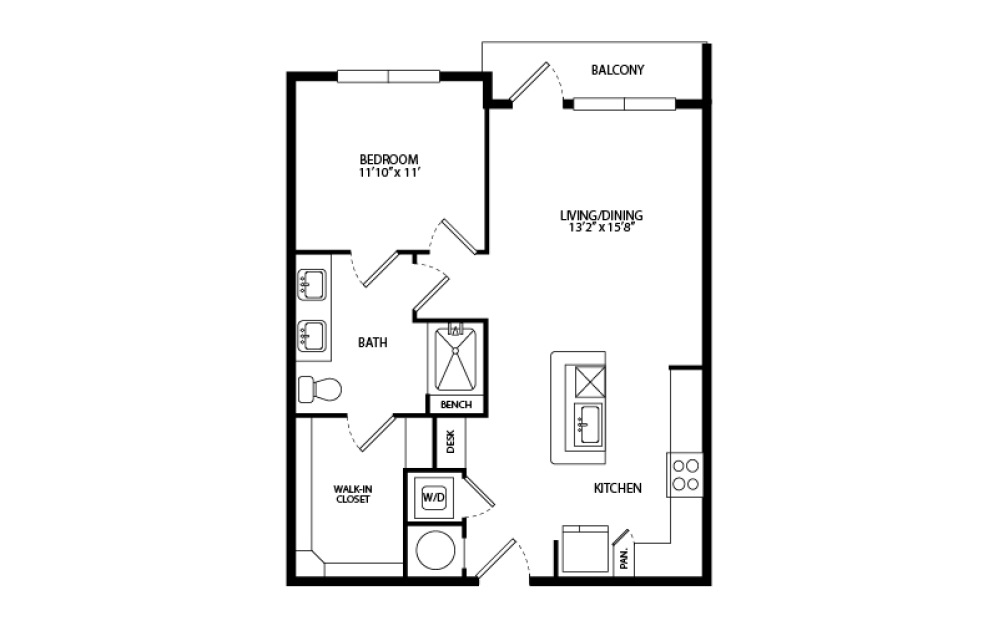 A2A - 1 bedroom floorplan layout with 1 bathroom and 743 square feet