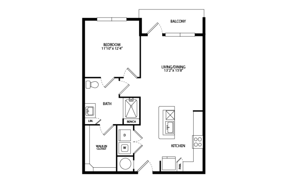 A2-HC - 1 bedroom floorplan layout with 1 bathroom and 758 square feet