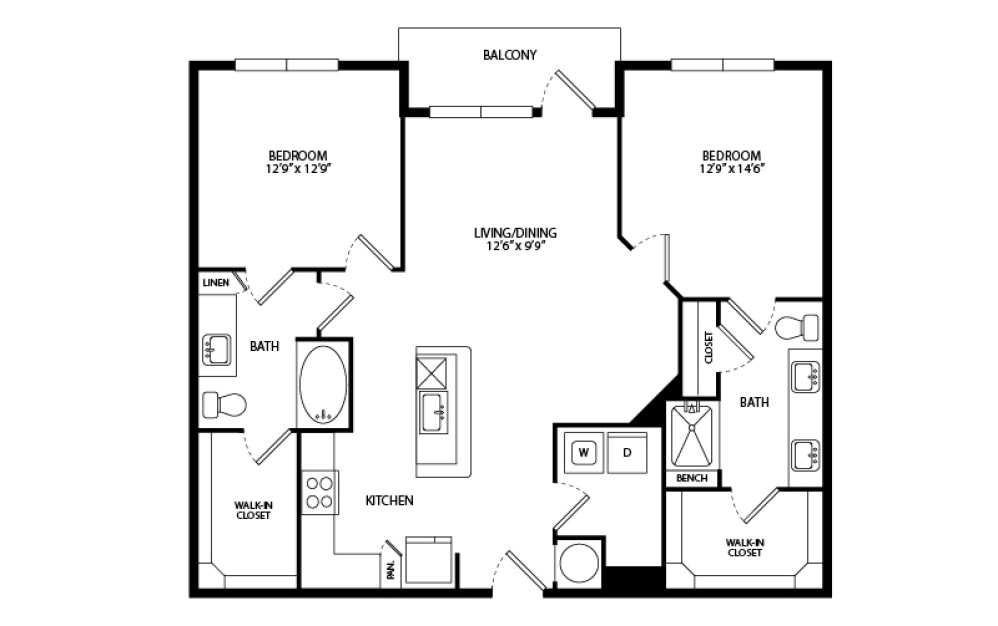 B1 - 2 bedroom floorplan layout with 2 bathrooms and 1179 square feet