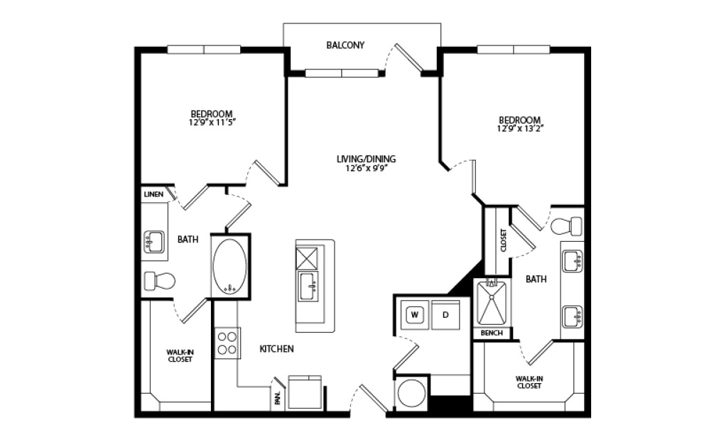 B1A - 2 bedroom floorplan layout with 2 bathrooms and 1145 square feet
