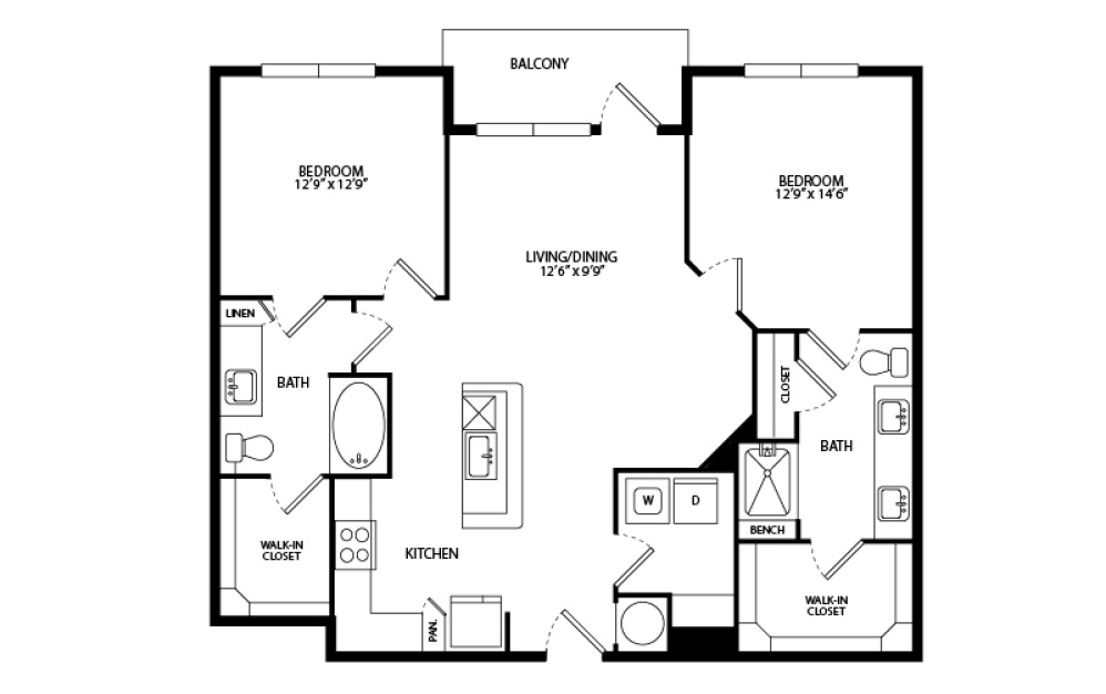 B1B - 2 bedroom floorplan layout with 2 bathrooms and 1165 square feet