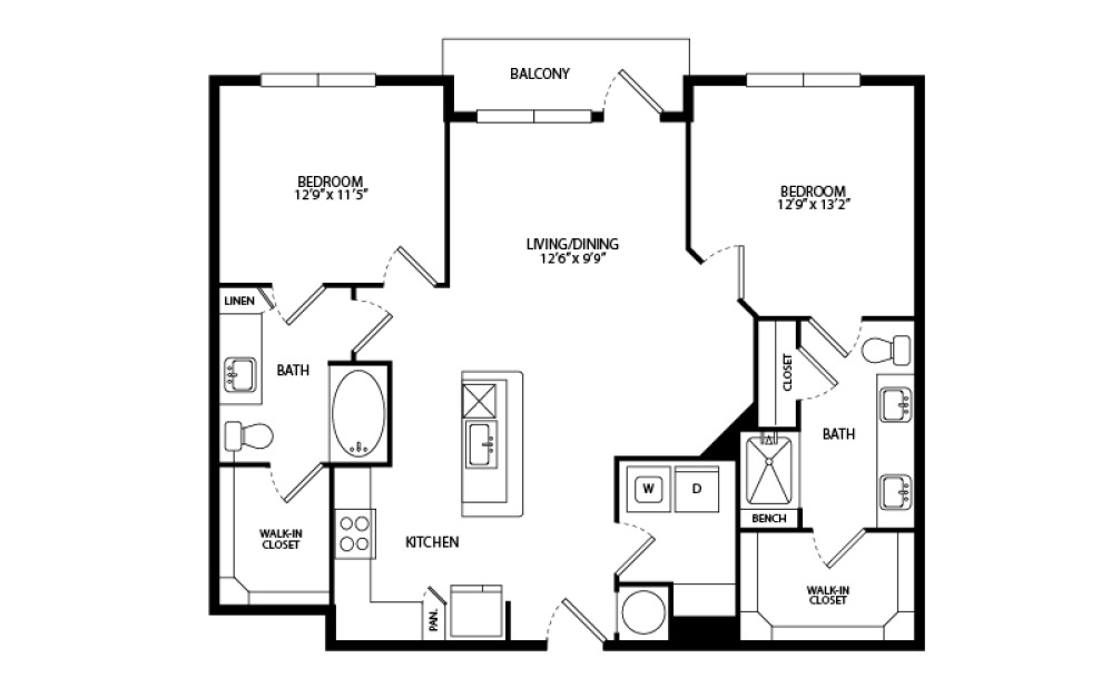 B1C - 2 bedroom floorplan layout with 2 bathrooms and 1131 square feet