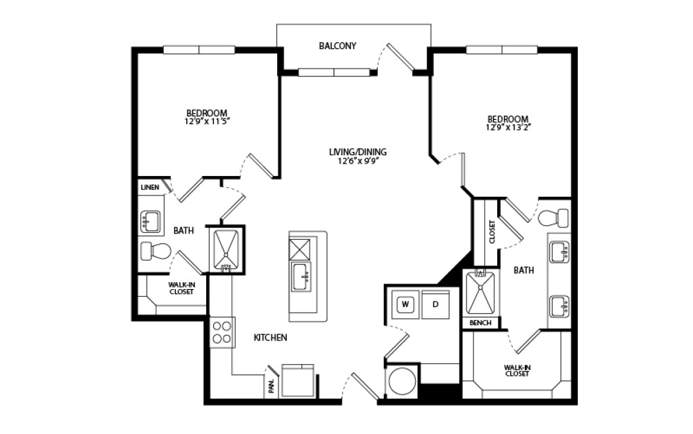 B1D - 2 bedroom floorplan layout with 2 bathrooms and 1098 square feet