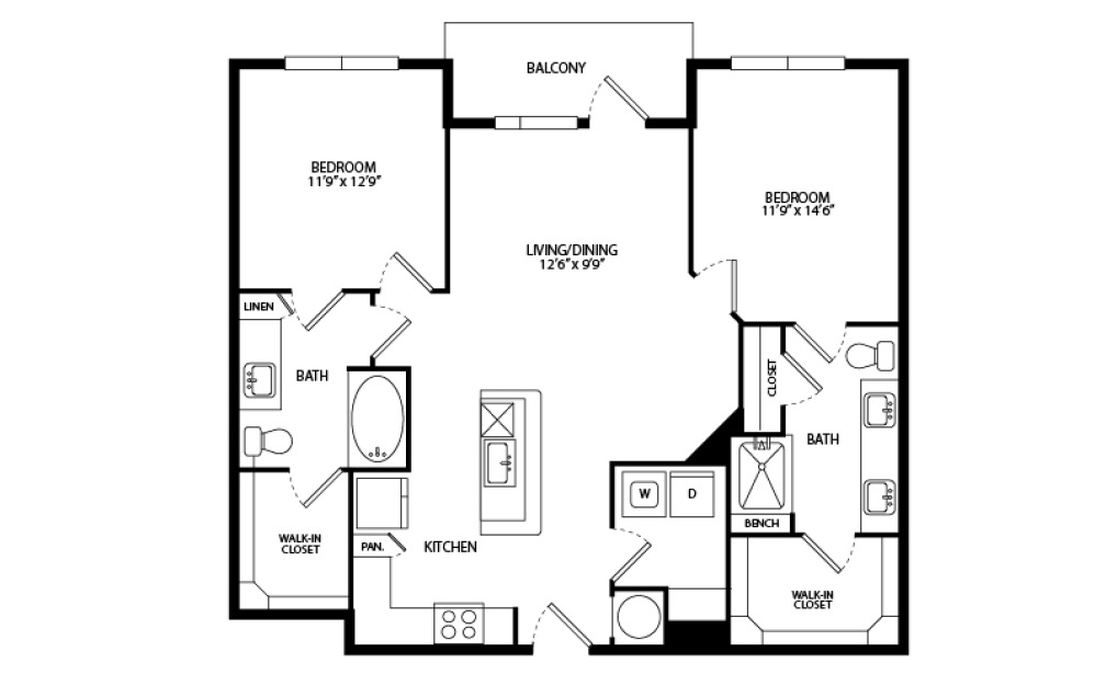 B1E - 2 bedroom floorplan layout with 2 bathrooms and 1101 square feet