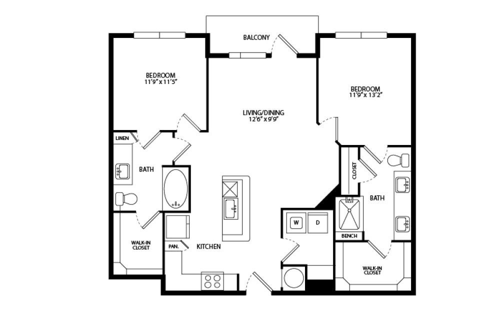 B1F - 2 bedroom floorplan layout with 2 bathrooms and 1070 square feet