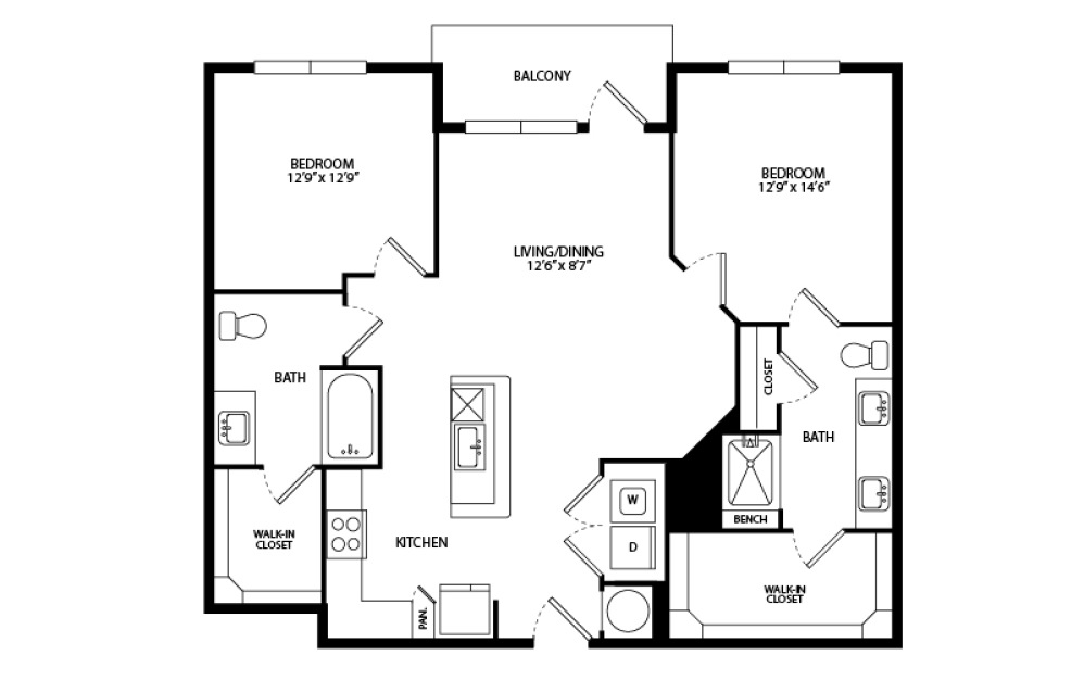 B1-HC - 2 bedroom floorplan layout with 2 bathrooms and 1165 square feet