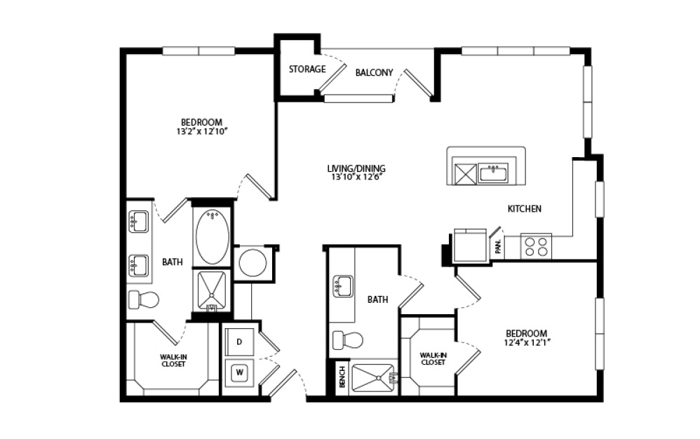 B2 - 2 bedroom floorplan layout with 2 bathrooms and 1165 square feet
