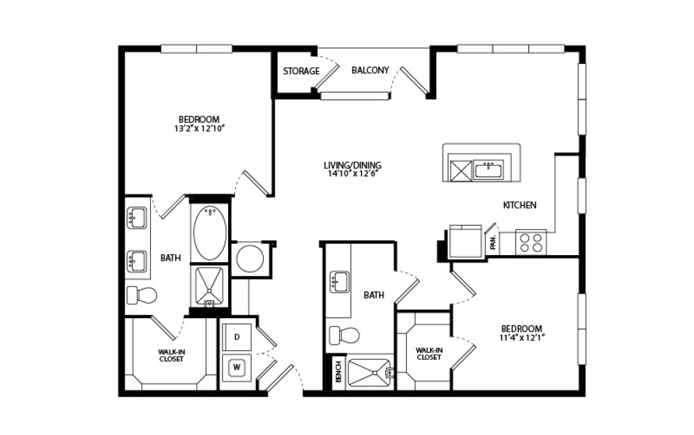 B2A - 2 bedroom floorplan layout with 2 bathrooms and 1144 square feet