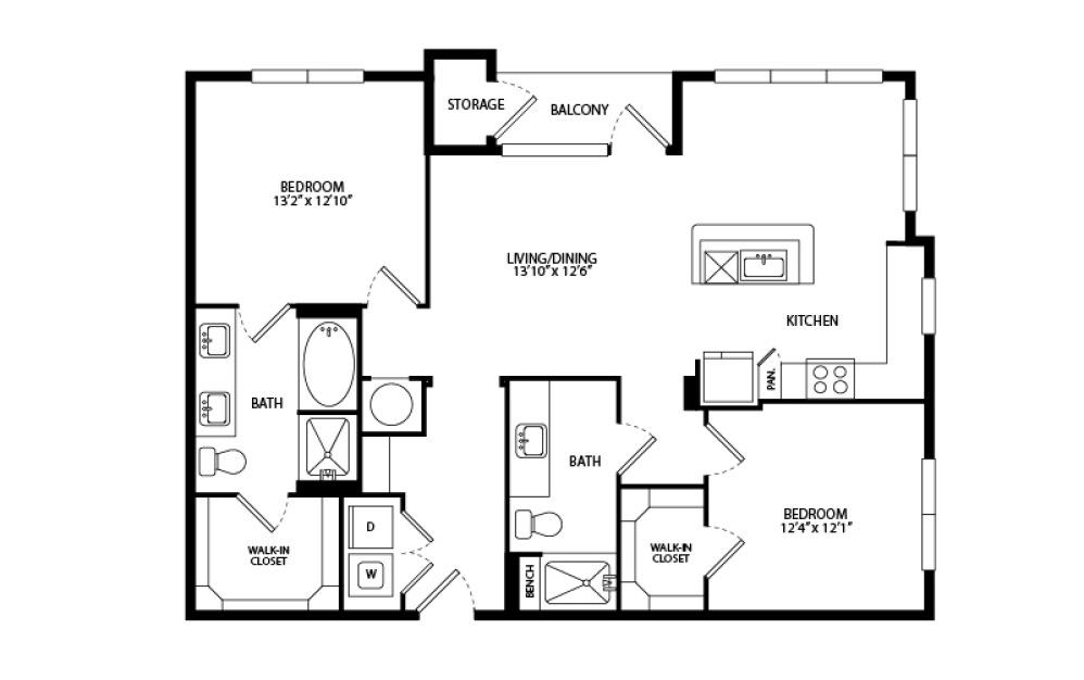 B2D - 2 bedroom floorplan layout with 2 bathrooms and 1150 square feet
