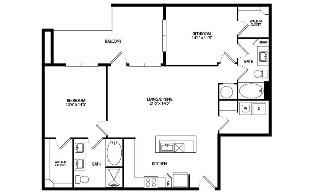 B3 - 2 bedroom floorplan layout with 2 bathrooms and 1182 square feet