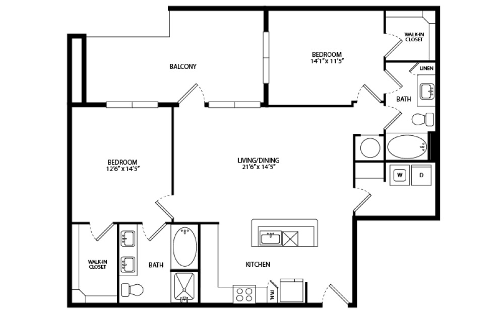 B3A - 2 bedroom floorplan layout with 2 bathrooms and 1182 square feet