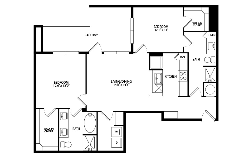B3B - 2 bedroom floorplan layout with 2 bathrooms and 1077 square feet